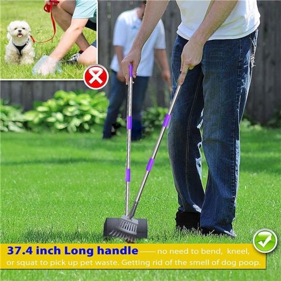 Large & Small Dog - Stainless Dog Pooper Scooper w/ 37.4" No Bending Long Handle - Picture 3 of 6